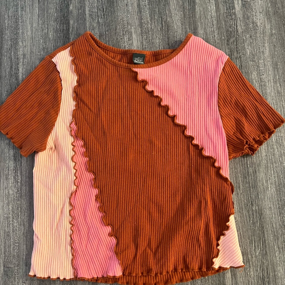 Urban Outfitters Brown and Pink Asymmetrical Ribbed Tee